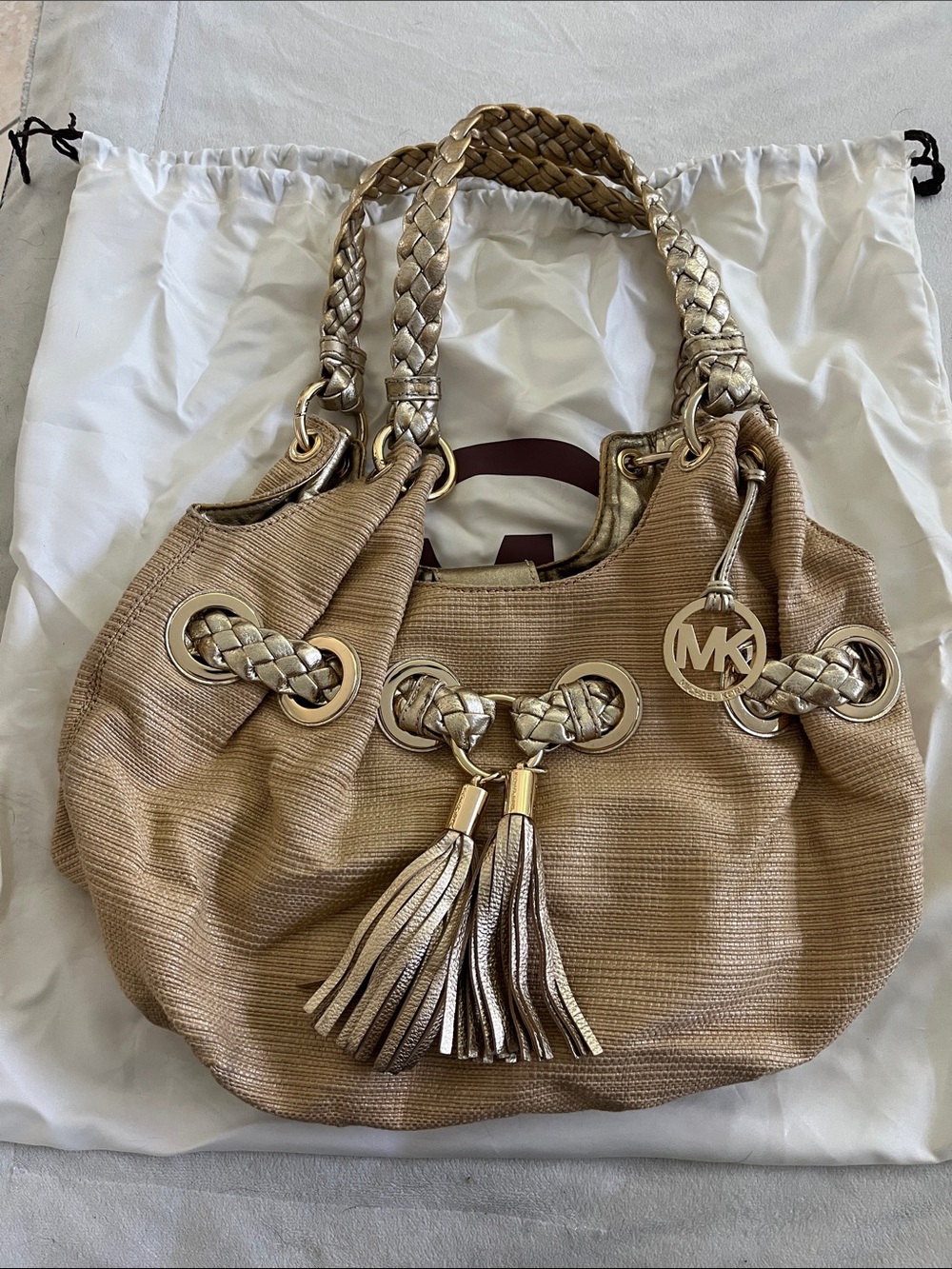 Michael Kors Metallic Beige Braided Tassel Shoulder Bag
